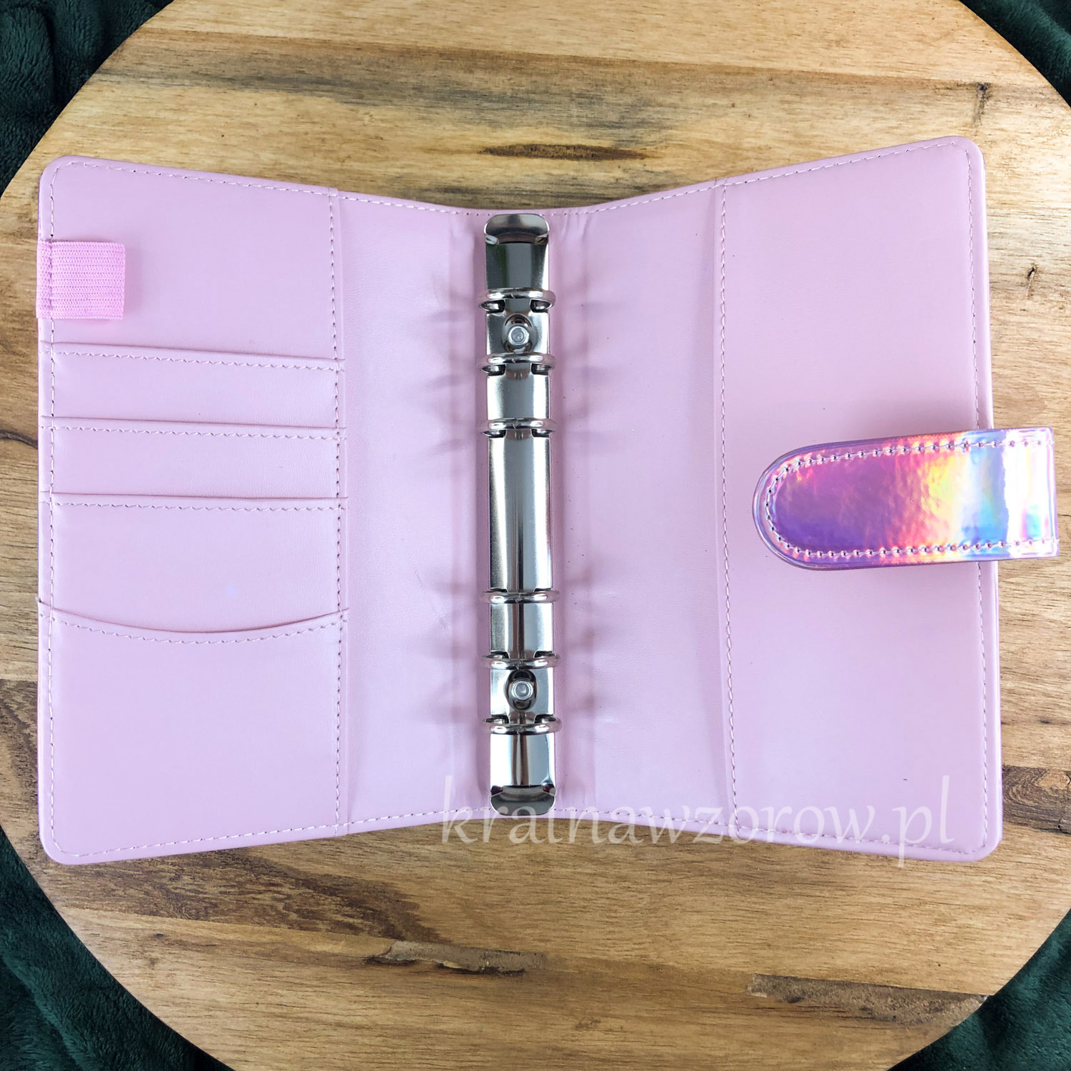 binder-okladka-a6-organizer-holograficzna-jasny-roz-krainawzorow-pl-1