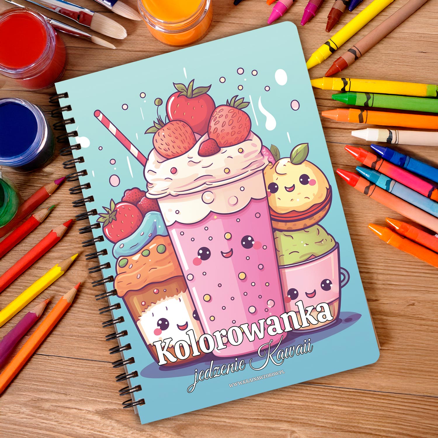 kolorowanka-okladka-kredki-jedzenie-kawaii